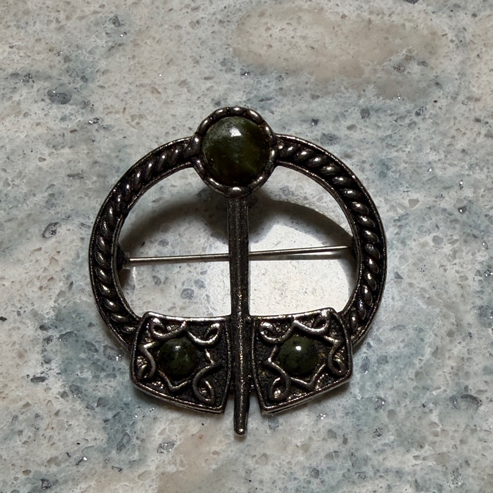 Vintage Silver Plated and Green Brooch